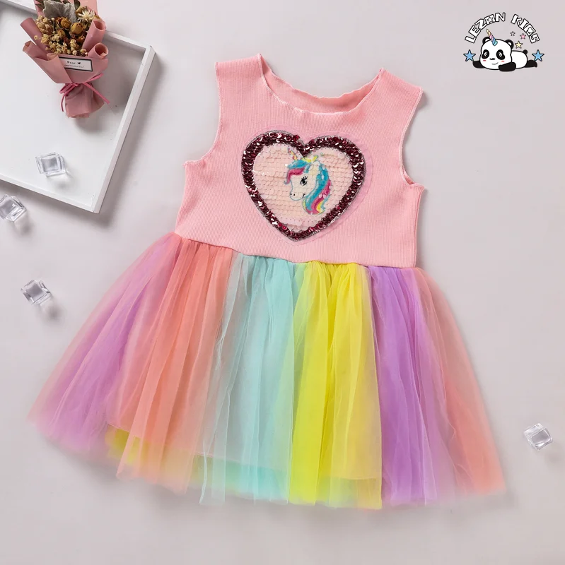 LEZONKIDS - Customizable Wholesale Sequined unicorn Print Stitching Dress Colorful Mesh Puffy Sweet Girls Princess Dress